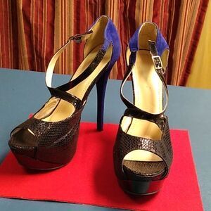 Liliana Scaly Black Platform & Crossing Straps High Heel Blue Velvet Size 10